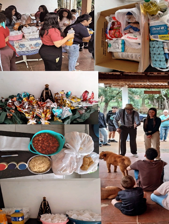 Voluntários organizando doações de alimentos e itens de higiene